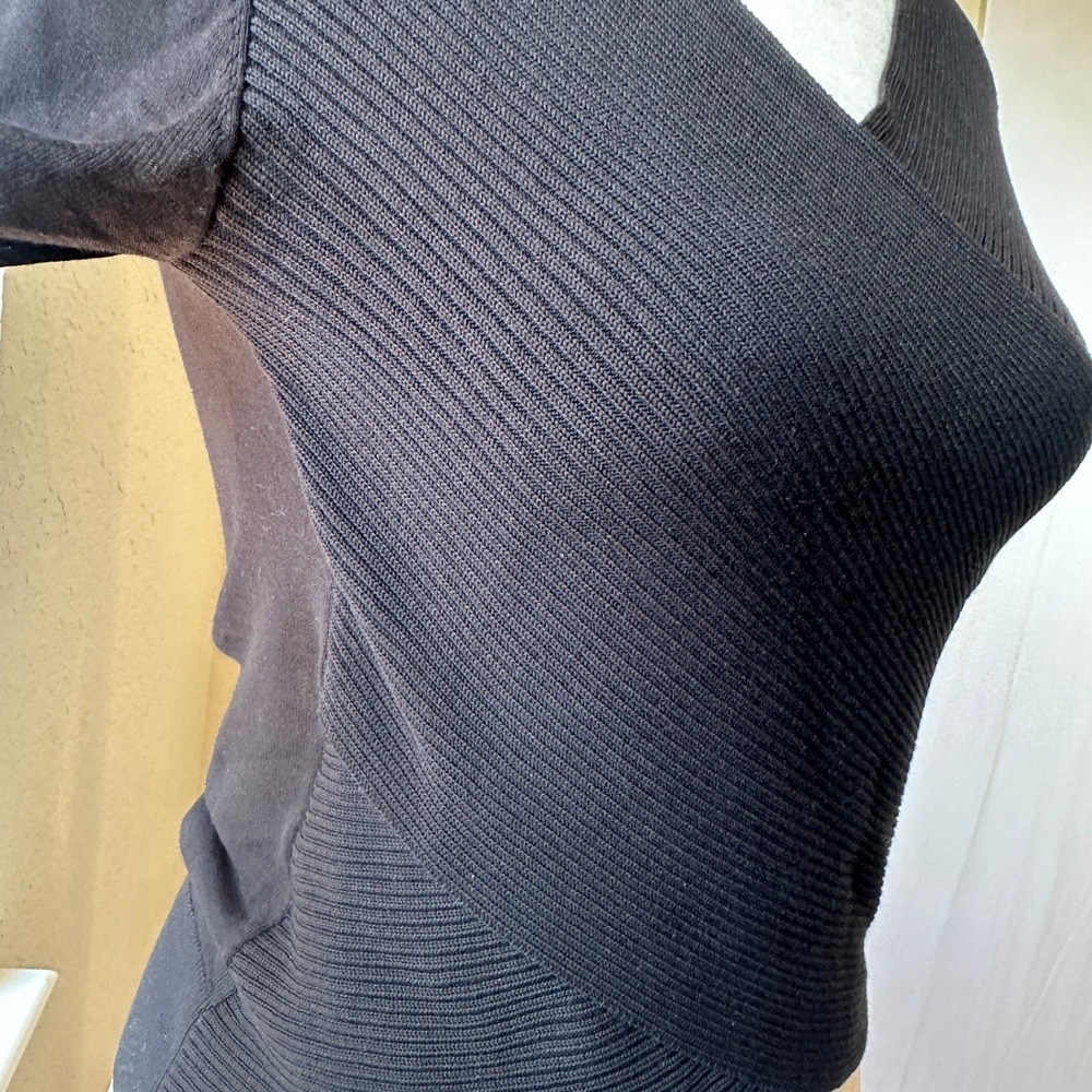 Barbara Bui Ribbed Knit Sheer Wrap Top Women S Black Long Sleeve V-Neck Designer - Picture 8 of 9